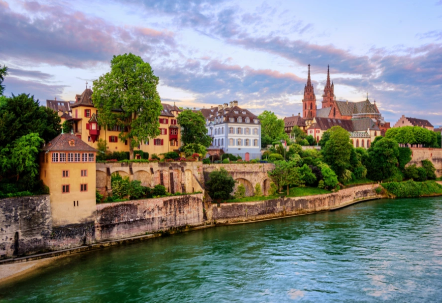 Kuh liegt auf der Weide mit Bergen im Hintergrund