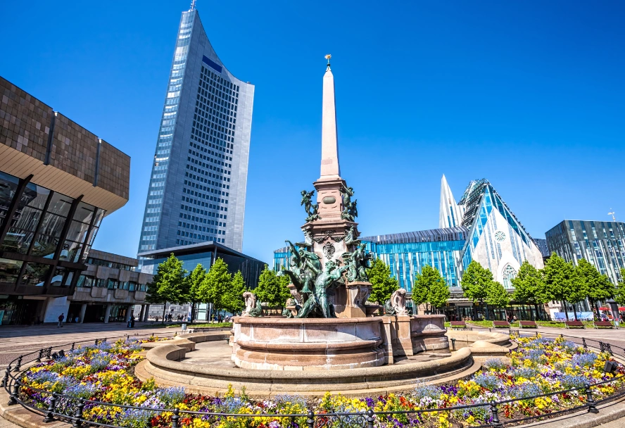 Fountain in Leipzig with an escort lady