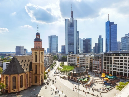 Frankfurt city centre with church and skyscrapers